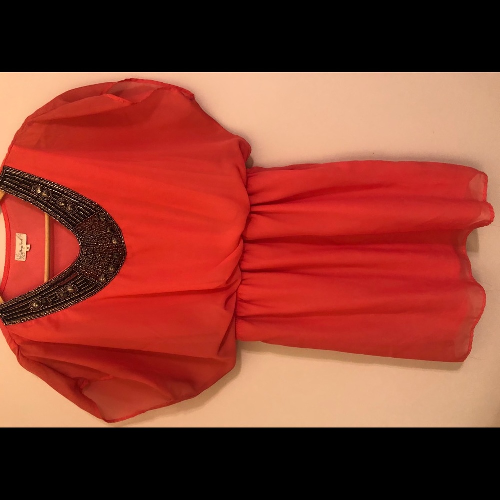 Honey Punch Coral Dress with Jeweled Collar